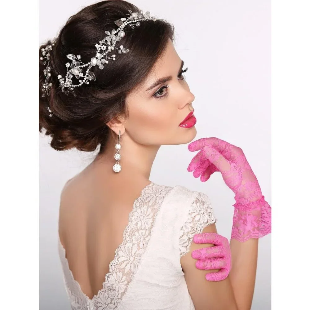 Women's Short Lace Courtesy Elegant Gloves Rose Red Wedding Dinner Opera Parties